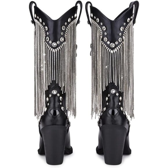 ⚡Women's Black Cowboy Boots Vegan Leather With Rhinestone Fringe Jewel Studs - Picture 2 of 6
